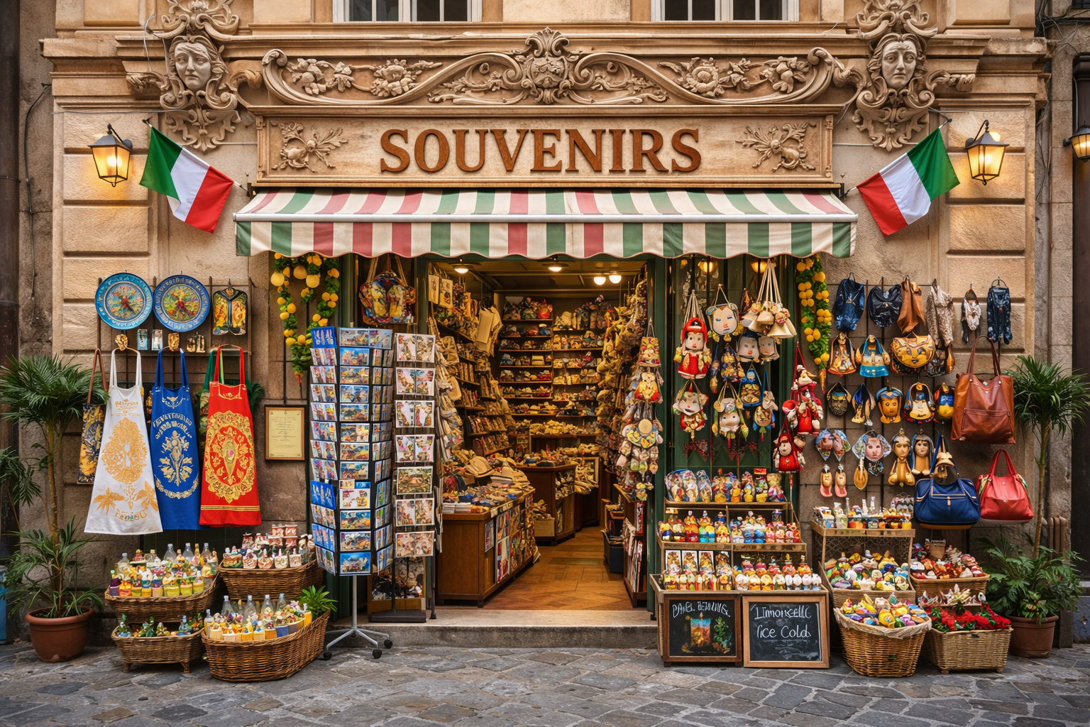 Souvenirgeschäft in der Altstadt von Genua mit hellbrauner Barock-Fassade und typisch italienischen Souvenirartikeln in der Auslage