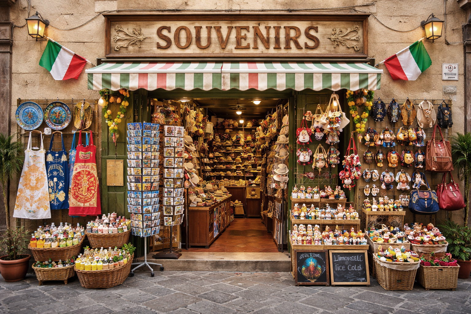 Souvenirgeschäft in der Altstadt von La Spezia mit hellbrauner Putzfassade und typisch italienischen Souvenirartikeln in der Auslage