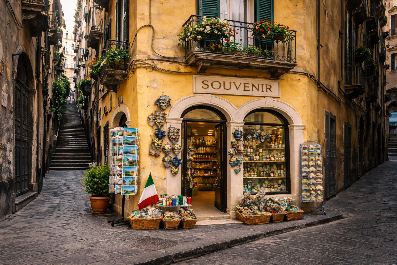Außenansicht eines Souvenirgeschäfts in der Altstadt von Neapel in einem gelben Eckhaus an einer engen Gasse, mit bergauf führender Straße links, Balkonen mit Blumen, Rundbögen und klassischen italienischen Souvenirartikeln.