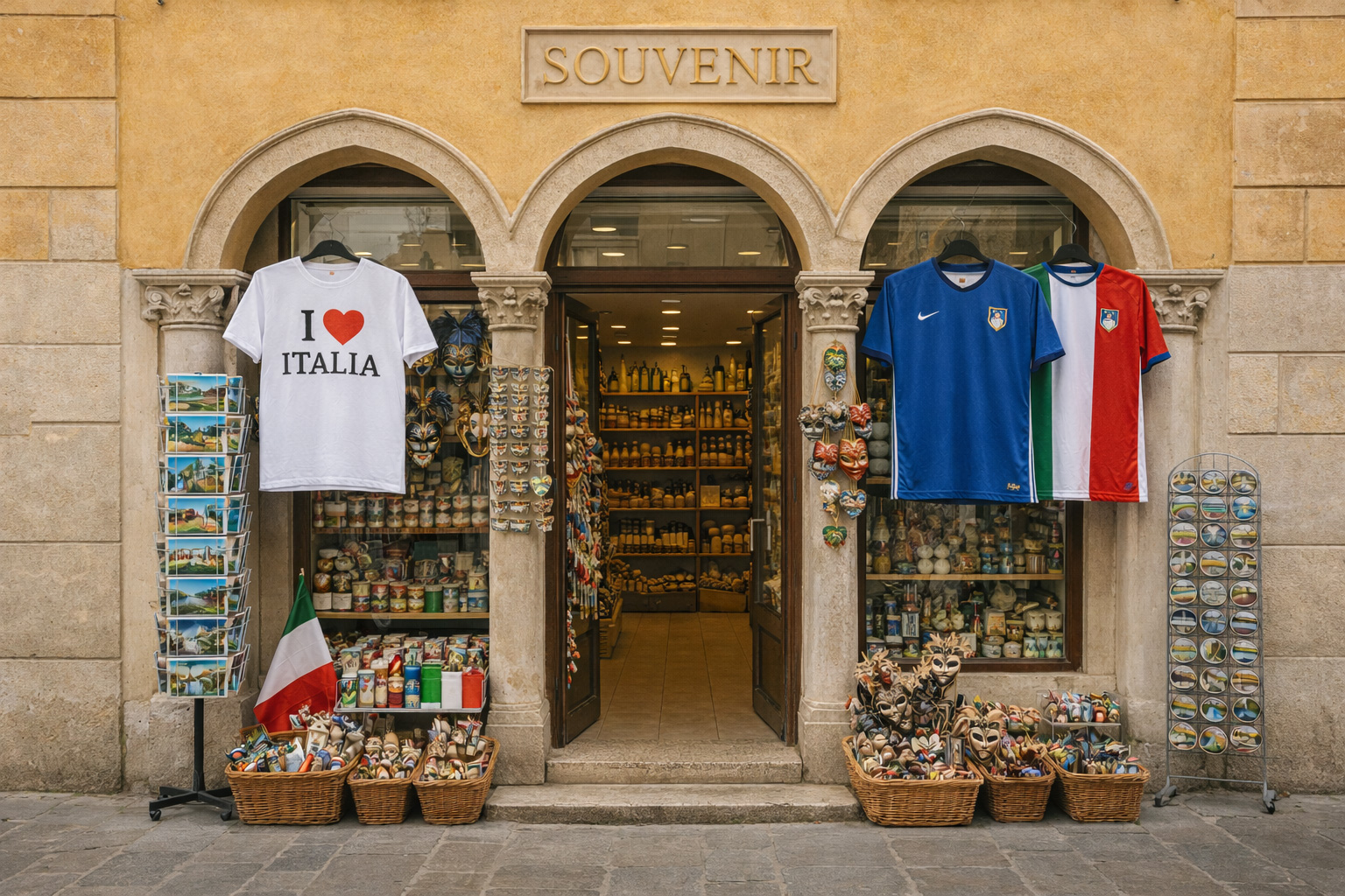 Außenansicht eines Souvenirgeschäfts in der Altstadt von Padua mit gelber Renaissance-Fassade, Rundbögen, „I ♥ Italia“-T-Shirts, italienischen Fußballtrikots, Masken und klassischen Italien-Souvenirs.