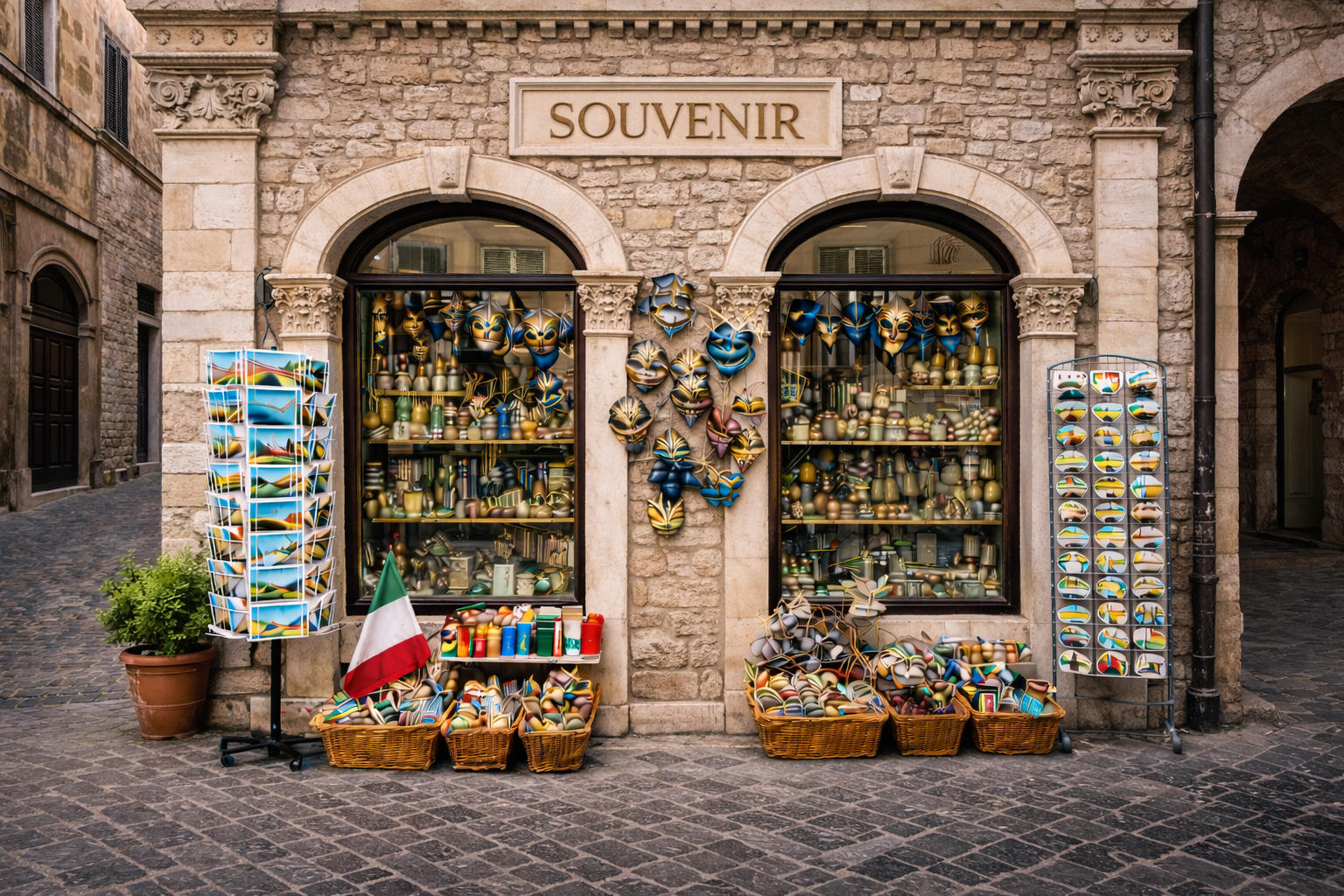 Außenansicht eines Souvenirgeschäfts in der Altstadt von Perugia mit grobem Kalkstein-Mauerwerk im Renaissance-Stil, Rundbögen, Steinpilastern, Postkartenständern und klassischen italienischen Souvenirartikeln.