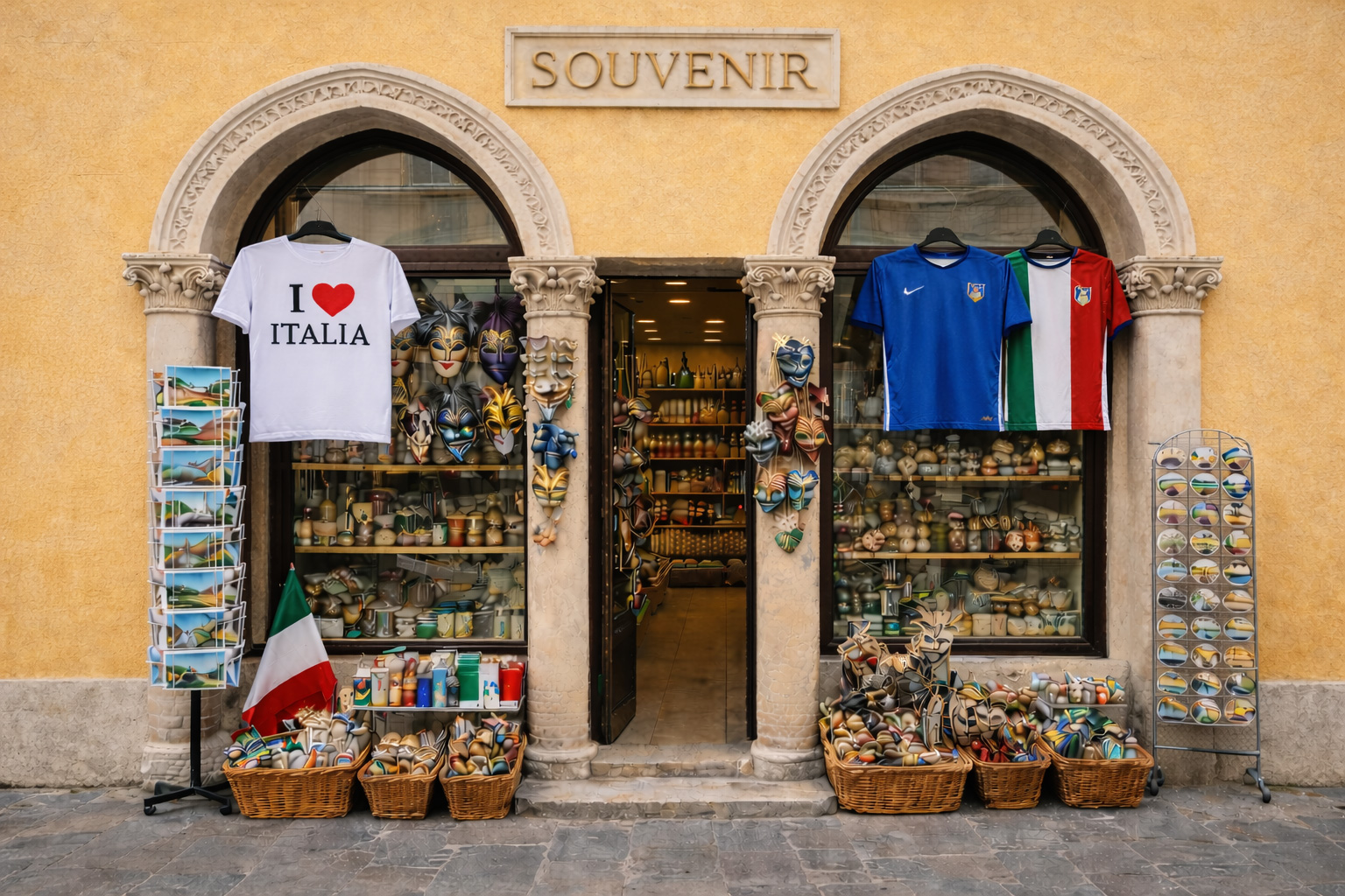 Außenansicht eines Souvenirgeschäfts in der Altstadt von Pesaro mit gelbem Putz, weißen Fensterrahmen, Renaissance-Architektur, „I ♥ Italia“-T-Shirts, italienischen Fußballtrikots und klassischen italienischen Souvenirartikeln.