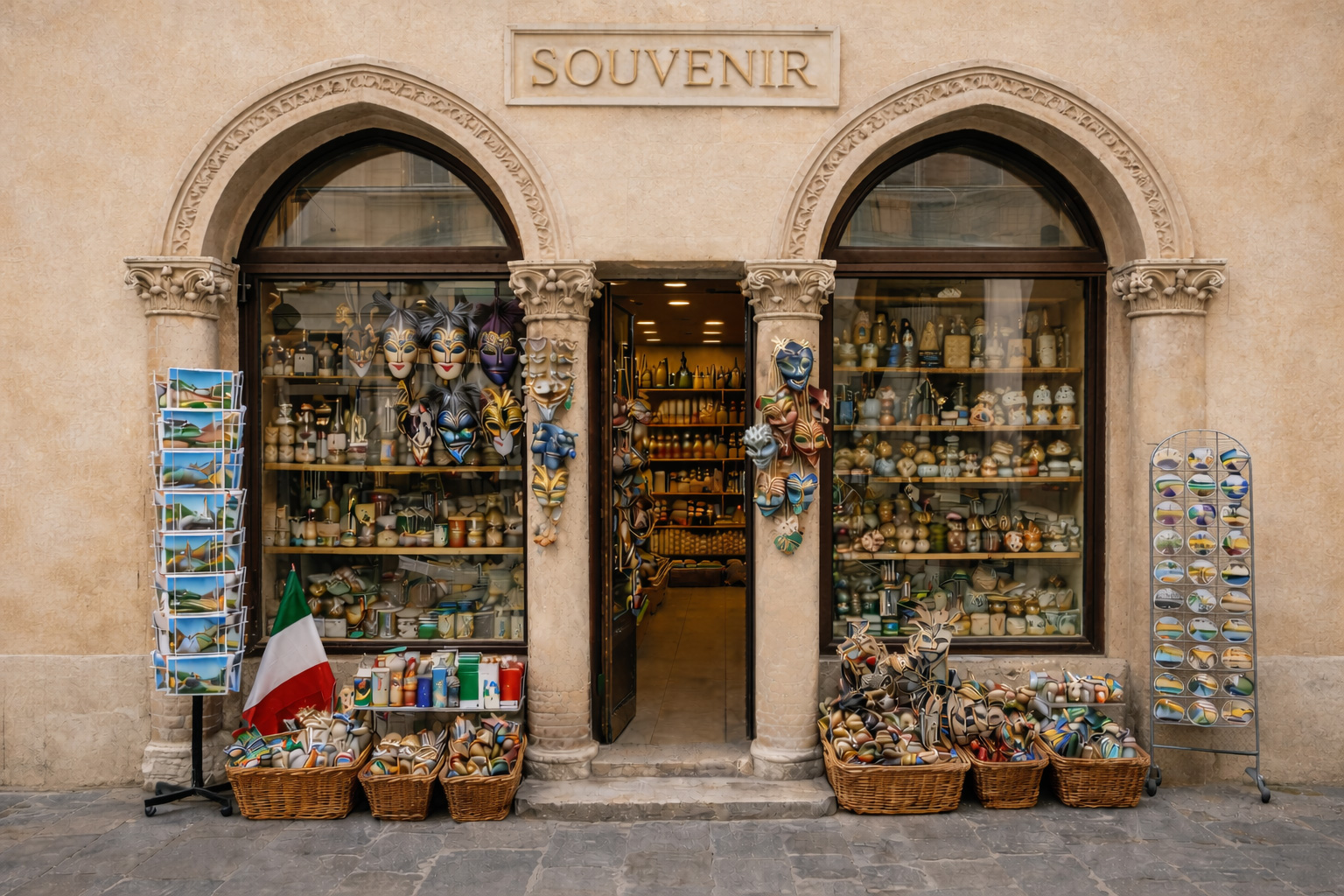 Außenansicht eines Souvenirgeschäfts in der Altstadt von Rimini mit hellbrauner Renaissance-Putzfassade, Rundbögen, venezianischen Masken, Keramikartikeln, Postkarten, Limoncello und klassischen italienischen Souvenirs.