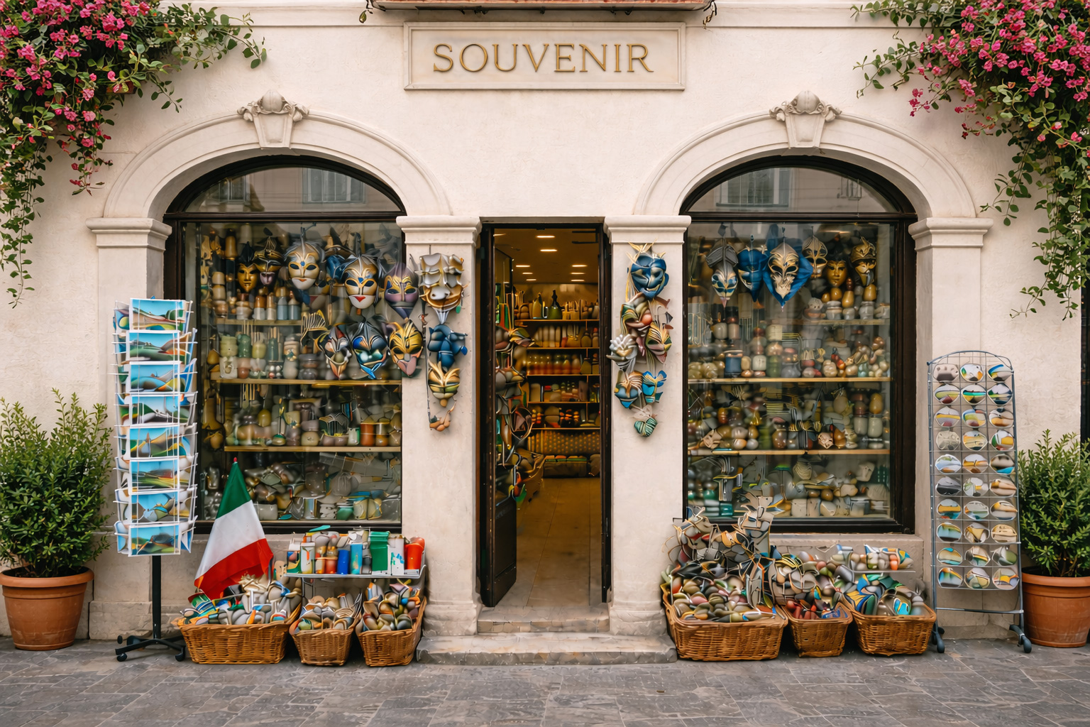 Außenansicht eines Souvenirgeschäfts in der Altstadt von Salerno mit heller mediterraner Fassade, Rundbögen, Blumenranken, venezianischen Masken, Keramikartikeln, Postkarten und klassischen italienischen Souvenirs.