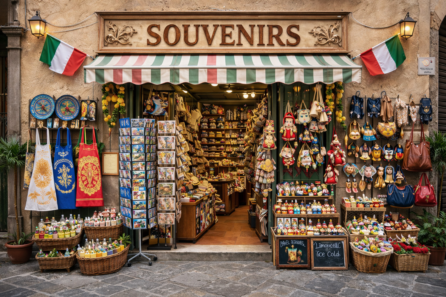 Souvenirgeschäft in der Altstadt von Savona mit hellbrauner Putzfassade und typisch italienischen Souvenirartikeln in der Auslage