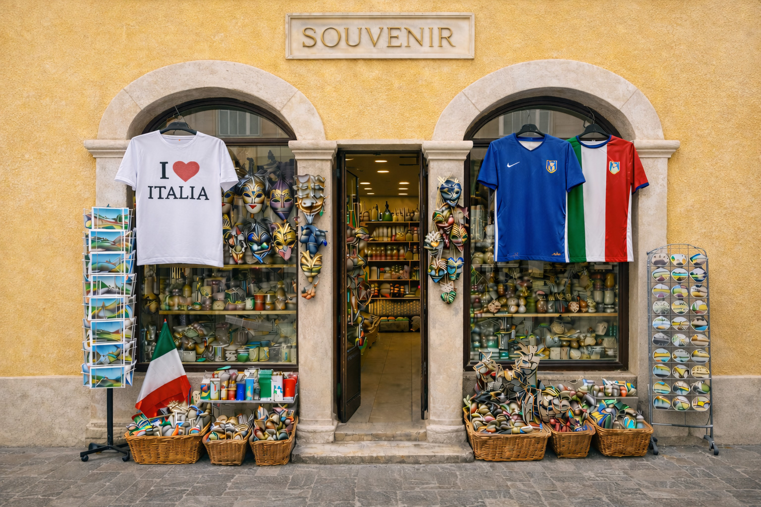 Außenansicht eines Souvenirgeschäfts in der Altstadt von Termoli mit mediterraner Architektur, gelber Fassade, Rundbögen, „I ♥ Italia“-T-Shirts, italienischen Fußballtrikots und klassischen italienischen Souvenirartikeln.
