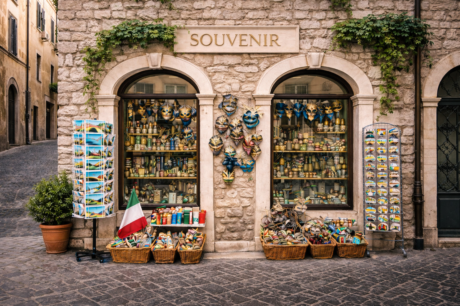 Außenansicht eines Souvenirgeschäfts in der Altstadt von Terni mit grober Kalksteinfassade, Rundbogenfenstern, Efeuranken, ebenem Kopfsteinpflaster und klassischen italienischen Souvenirartikeln.