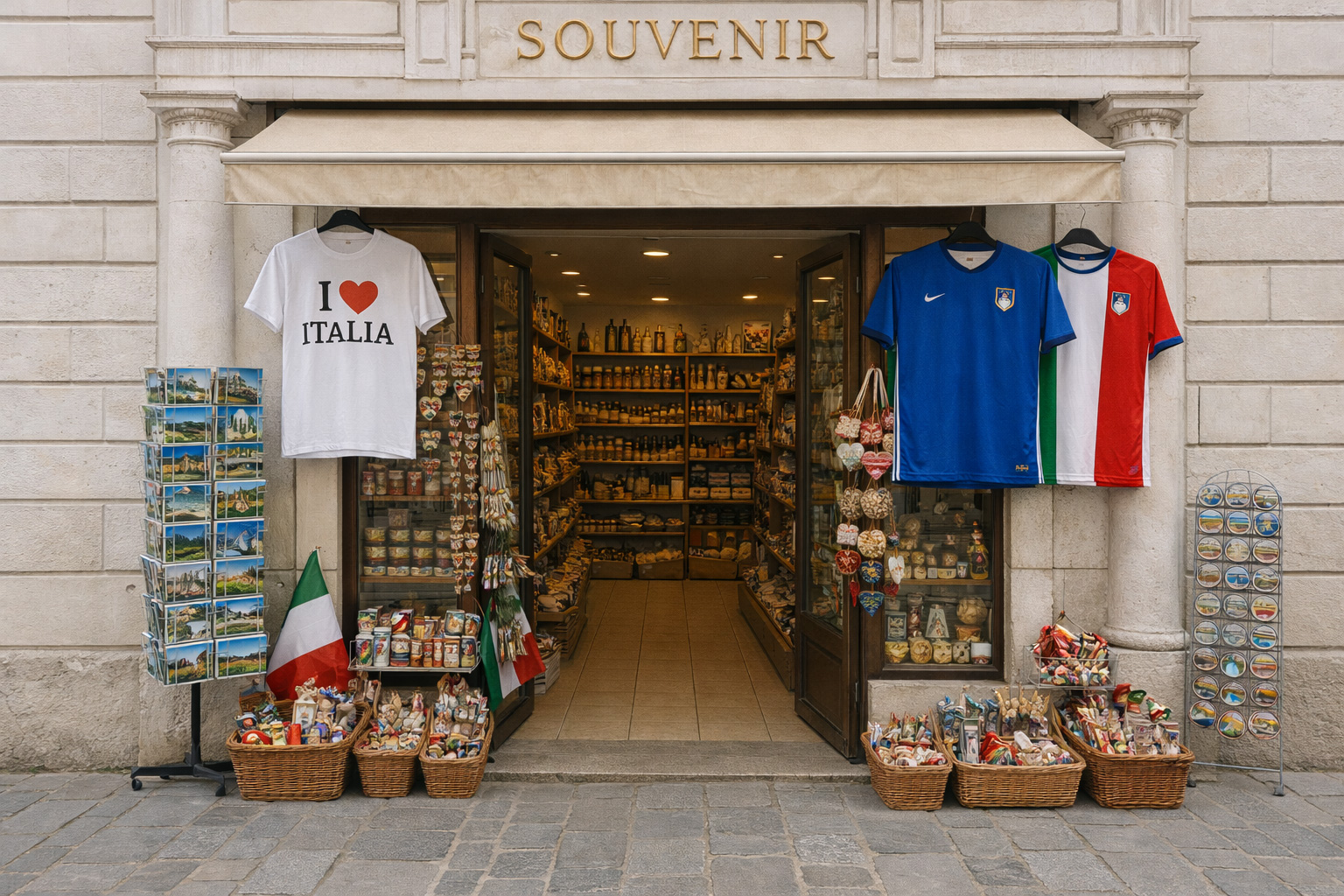 Außenansicht eines Souvenirgeschäfts in der Altstadt von Triest mit weißer neoklassischer Fassade, T-Shirts „I ♥ Italia“, italienischen Fußballtrikots, Postkarten und klassischen Italien-Souvenirs.