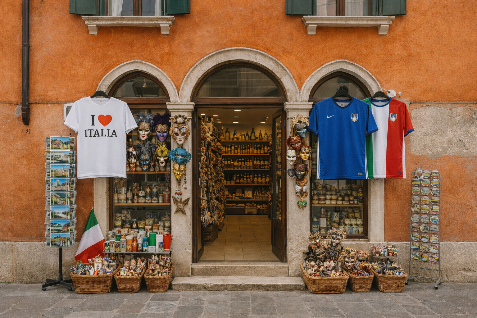 Außenansicht eines Souvenirgeschäfts in der Altstadt von Venedig mit orangefarbener Fassade, venezianischen Rundbogenfenstern, „I ♥ Italia“-T-Shirts, italienischen Fußballtrikots, venezianischen Masken und typischen Italien-Souvenirs.
