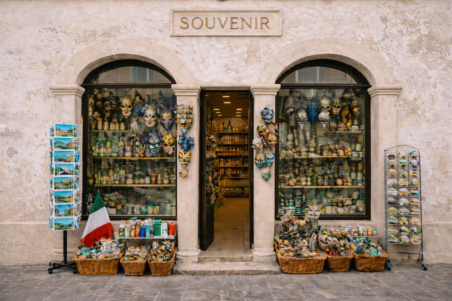 Außenansicht eines Souvenirgeschäfts in der Altstadt von Vieste mit mediterraner Architektur, weißer gealterter Putzfassade, Rundbögen, venezianischen Masken, Keramikartikeln, Postkarten und klassischen italienischen Souvenirs.