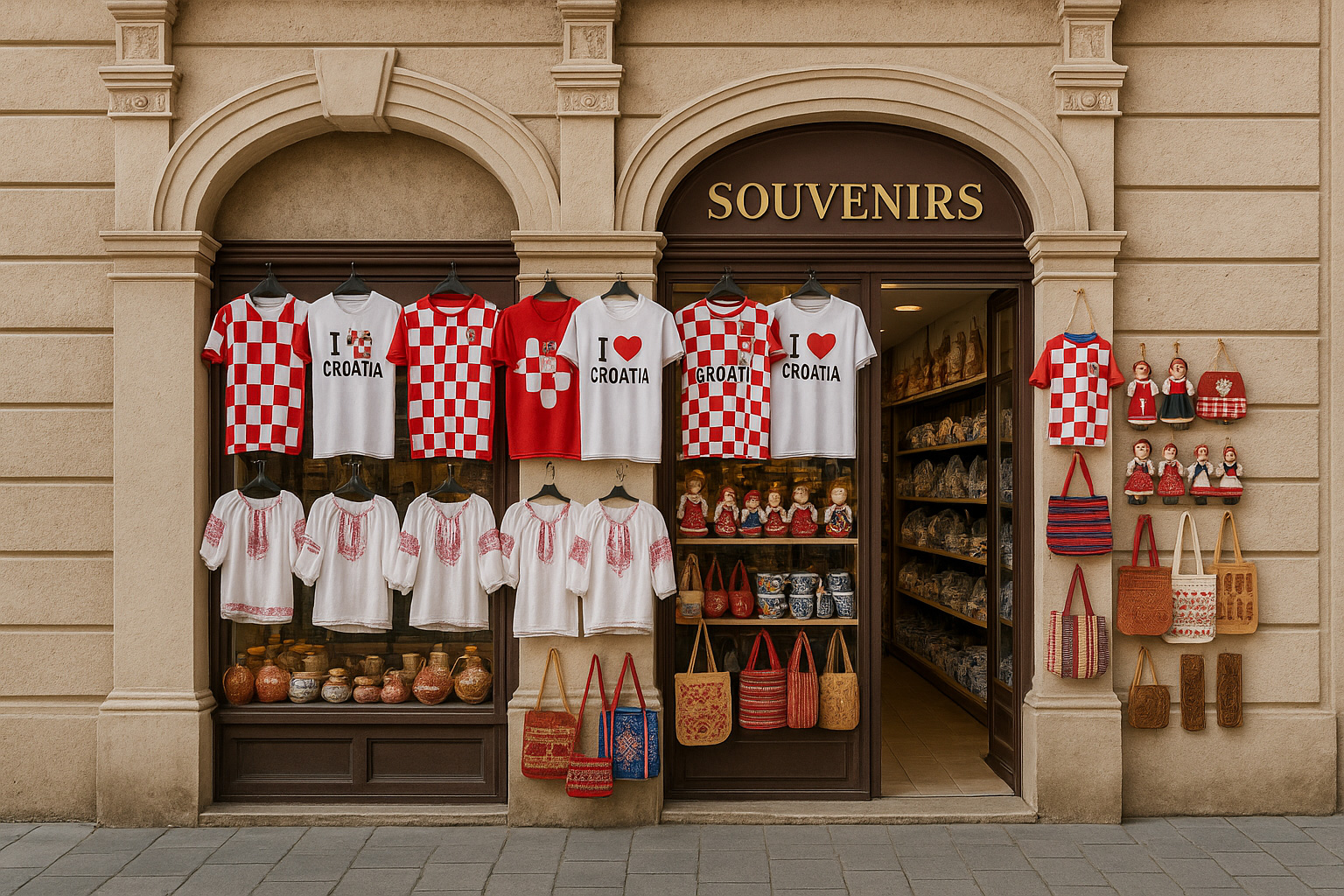 Souvenirgeschäft in der Altstadt von Osjek mit T-Shirts 