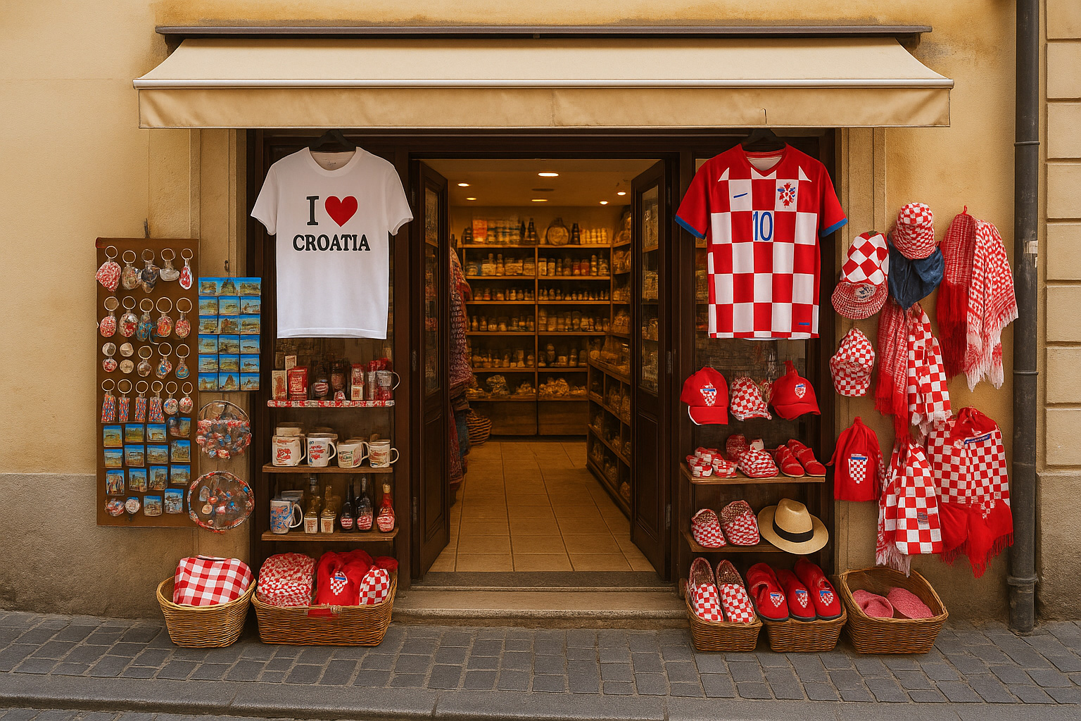 Außenansicht eines kroatischen Souvenirgeschäfts in der Altstadt von Zagreb mit T-Shirts 