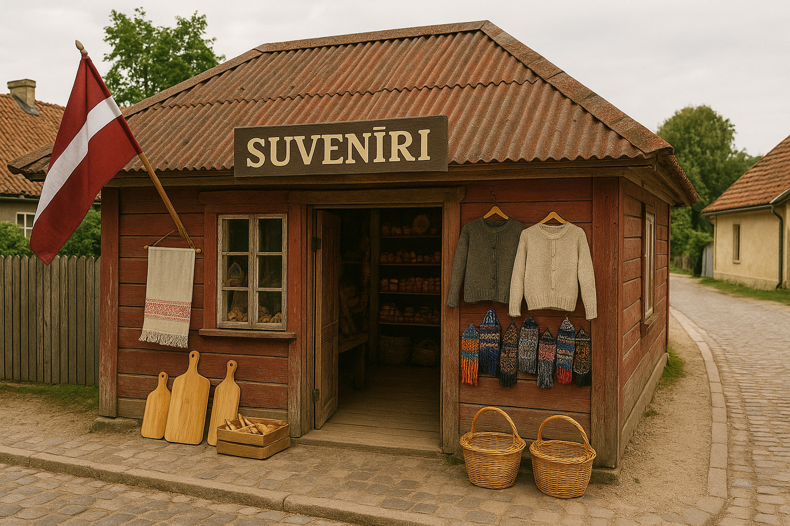 Traditionelles lettisches Souvenirgeschäft in einer Dorfstraße mit rotem Holzhaus, Strickwaren, Holzarbeiten, Körben und lettischer Flagge.