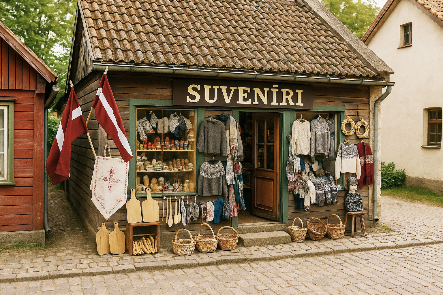 Traditionelles Souvenirgeschäft in einer lettischen Dorfstraße mit Wollkleidung, Holzarbeiten, Körben und lettischen Flaggen.