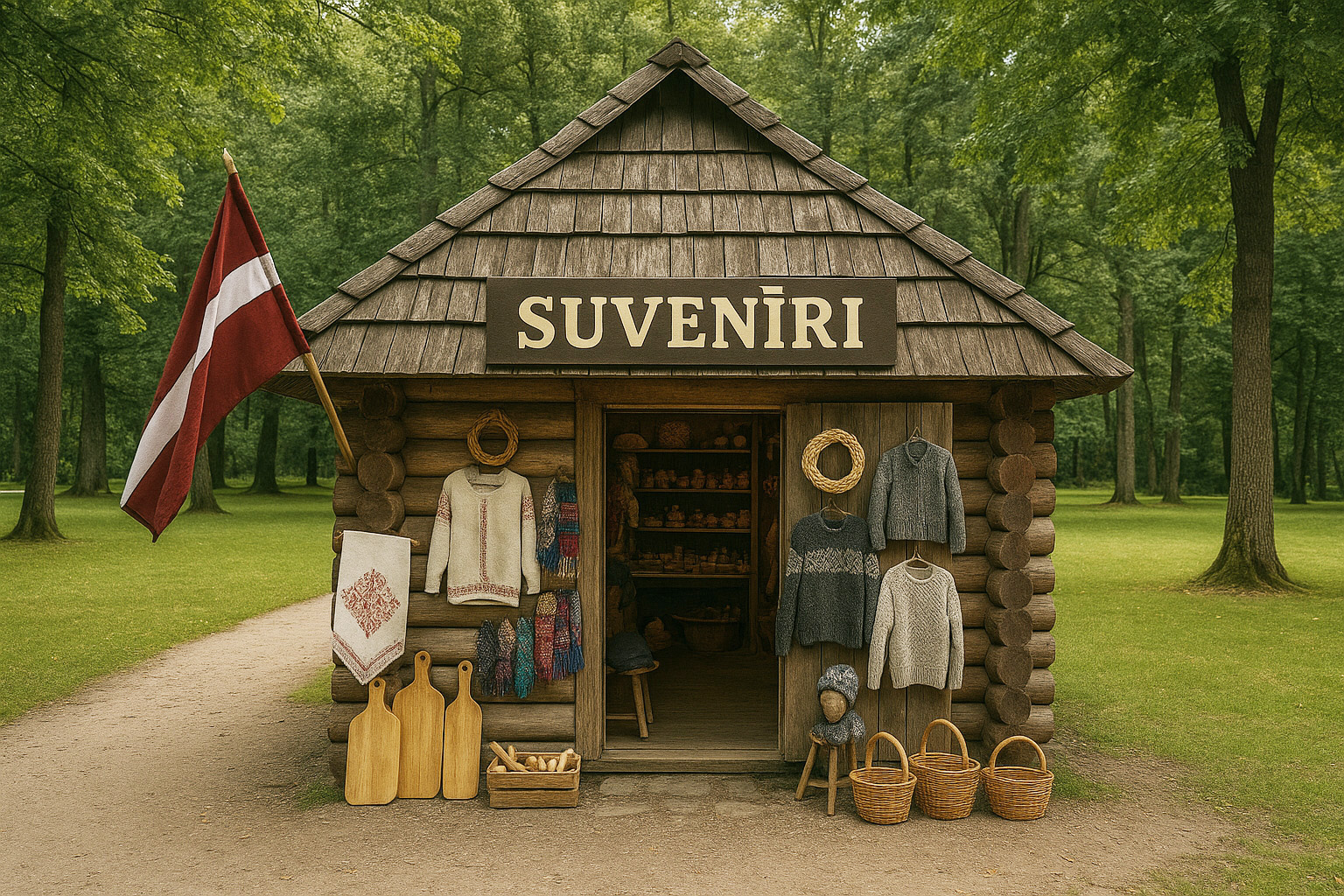 Rustikale Souvenirhütte aus Holz in einem lettischen Park mit Strickwaren, Körben, Holzarbeiten und lettischer Flagge.