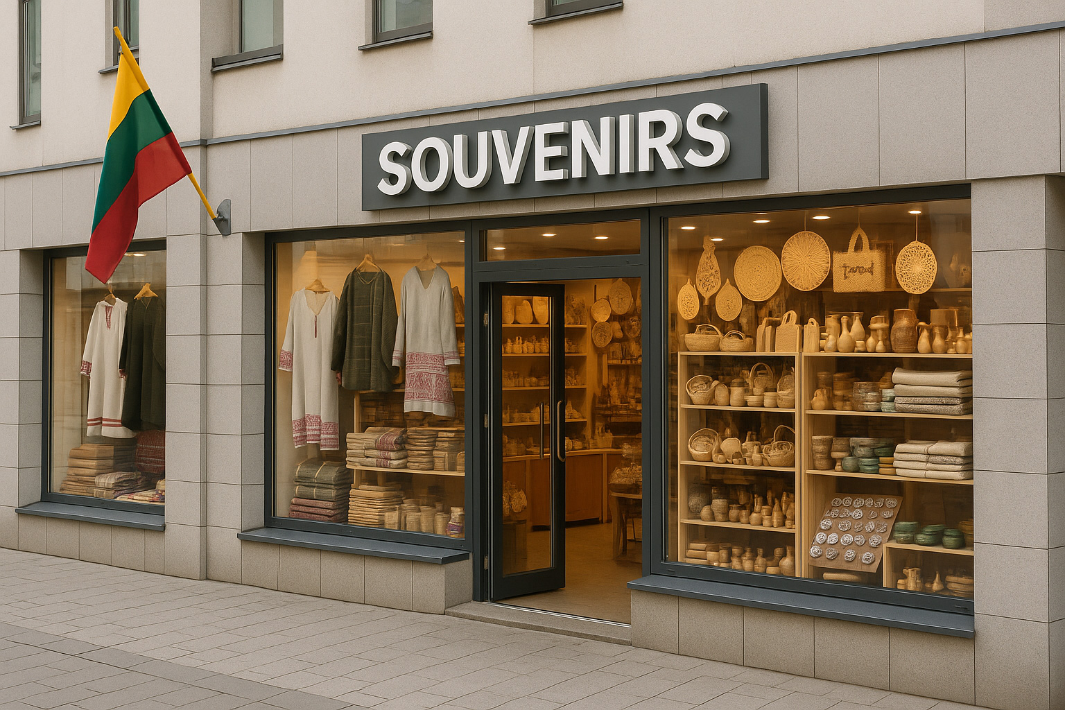 Traditionelles lettisches Souvenirgeschäft in einer Dorfstraße mit rotem Holzhaus, Strickwaren, Holzarbeiten, Körben und lettischer Flagge.