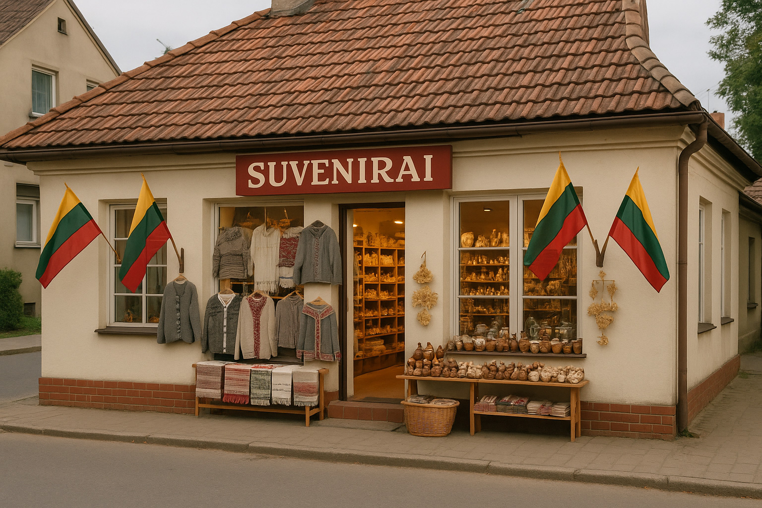 Traditionelles Souvenirgeschäft in einer litauischen Kleinstadt mit rotem Ziegeldach, litauischen Flaggen, Strickwaren, Textilien und Keramikartikeln vor dem Eingang.