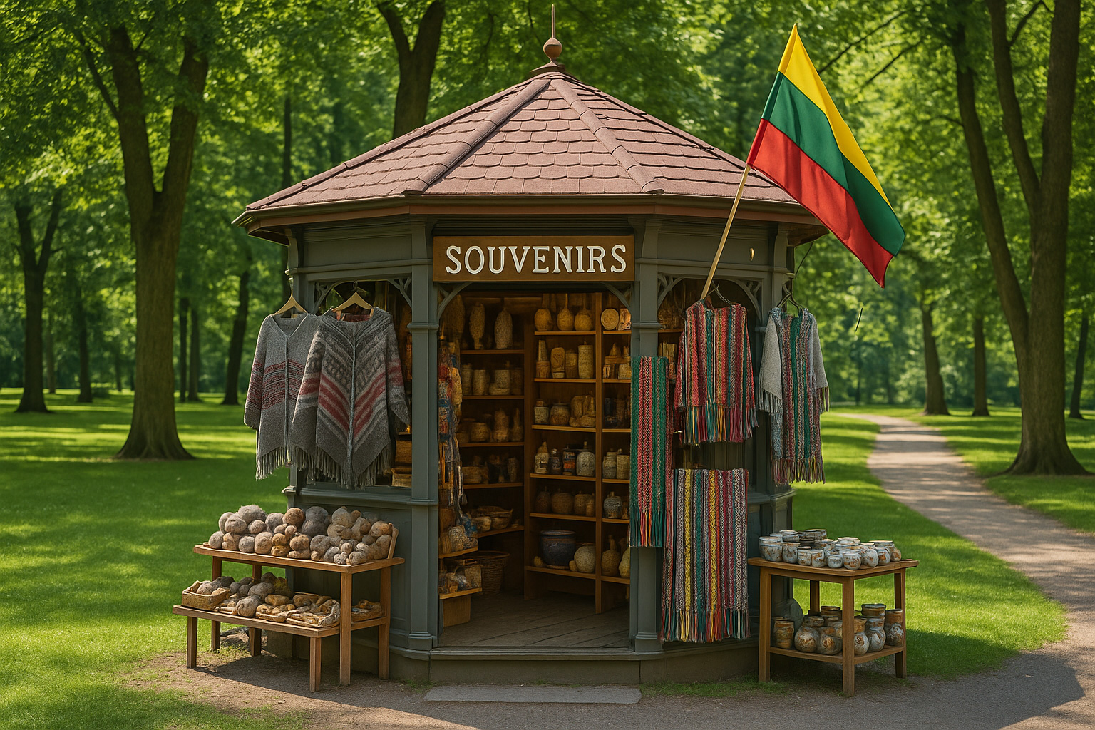 Souvenirpavillon in einem Stadtpark in Litauen mit rotem Dach, litauischer Flagge, Strickwaren, Teppichen und Keramikartikeln, umgeben von grünen Bäumen.