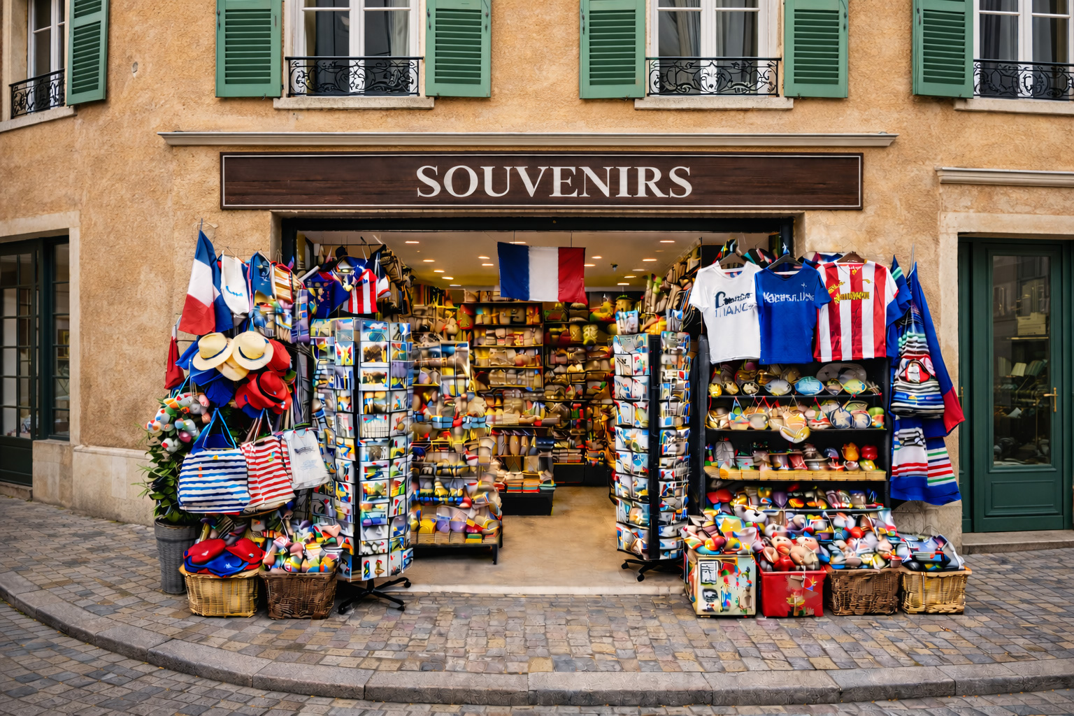 Außenansicht eines Souvenirgeschäfts in der Altstadt von Luxemburg mit hellbrauner Putzfassade und grünen Fensterläden im Obergeschoss, breitem offenen Eingang und Auslagen mit typischen Luxemburg-Souvenirs wie Postkartenständern, Flaggen, Keramik, Magneten, Textilien, Taschen und kleinen Mitbringseln