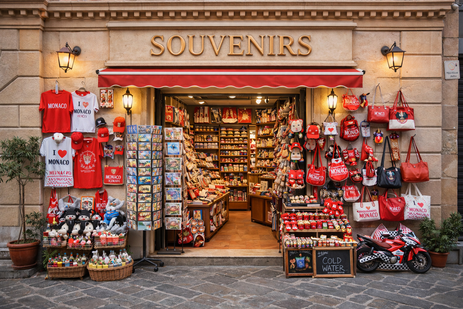 Souvenirgeschäft in der Altstadt von Monte Carlo mit modern neoklassischer hellbrauner Fassade und typischen Monaco-Souvenirartikeln in der Auslage