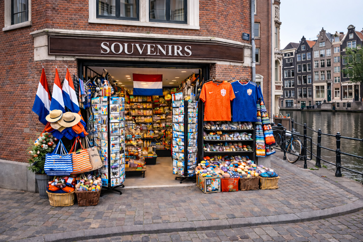 Außenansicht eines Souvenirgeschäfts in der Altstadt von Amsterdam als Eckgeschäft in einem Backsteinhaus, rechts ist ein typischer Kanal mit Geländer und Fahrrädern zu sehen, breiter offener Eingang und Auslagen mit typischen Niederlande-Souvenirs wie Holzschuhen, Windmühlen-Miniaturen, Delfter Keramik, Tulpenmotiven, Postkarten, Magneten, Textilien und niederländischen Flaggen