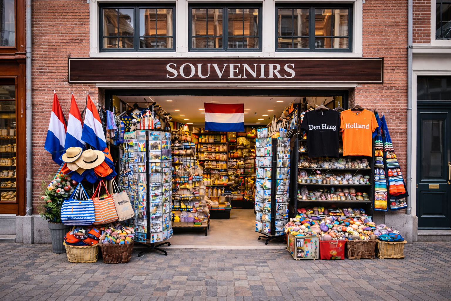 Außenansicht eines Souvenirgeschäfts in der Altstadt von Den Haag mit roter Backsteinfassade und großen niederländischen Fenstern, breitem offenen Eingang und Auslagen mit typischen Niederlande-Souvenirs wie Holzschuhen, Windmühlen-Miniaturen, Delfter Keramik, Tulpenmotiven, Postkarten, Magneten, Textilien und niederländischen Flaggen