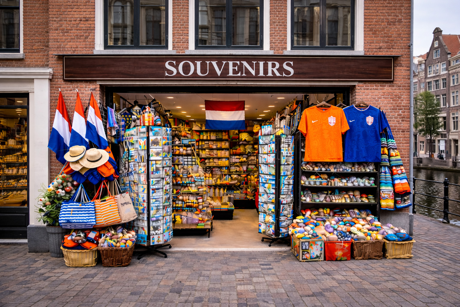 Außenansicht eines Souvenirgeschäfts in der Altstadt von Groningen mit roter Backsteinfassade und großen Fenstern, breitem offenen Eingang und Auslagen mit typischen Niederlande-Souvenirs wie Holzschuhen, Windmühlen-Miniaturen, Delfter Keramik, Tulpenmotiven, Postkarten, Magneten, Textilien und niederländischen Flaggen