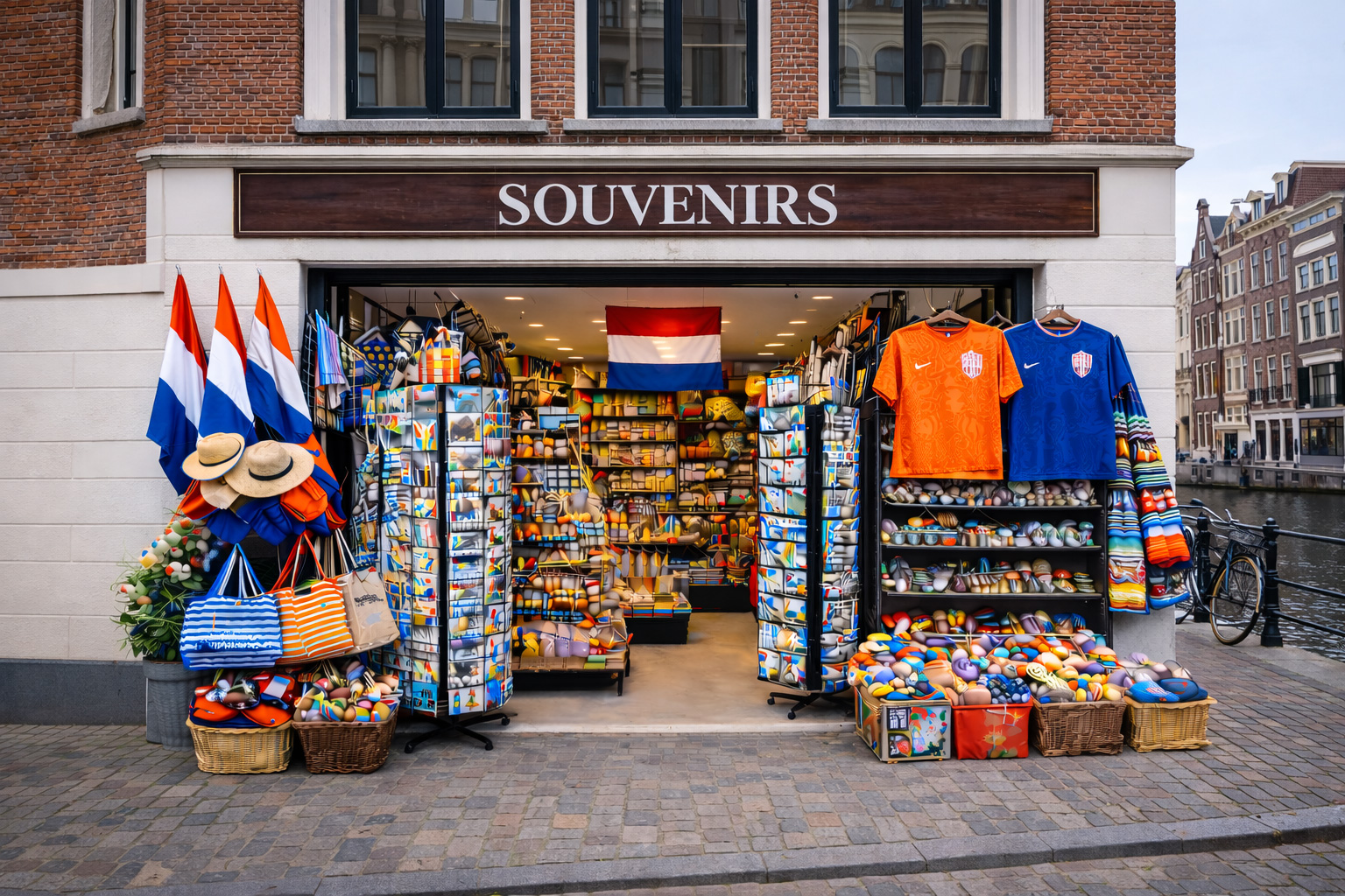 Außenansicht eines Souvenirgeschäfts in der Altstadt von Leeuwarden in einem zweigeschossigen Gebäude mit weiß verputztem Erdgeschoss und Backstein-Obergeschoss mit großen Fenstern, breitem offenen Eingang und Auslagen mit typischen Niederlande-Souvenirs wie Holzschuhen, Windmühlen-Miniaturen, Delfter Keramik, Tulpenmotiven, Postkarten, Magneten, Textilien und niederländischen Flaggen