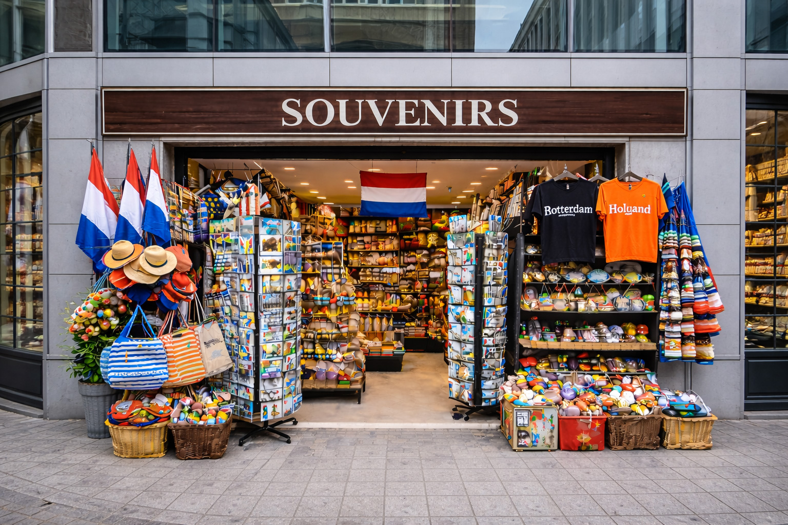 Außenansicht eines modernen Souvenirgeschäfts in Rotterdam mit Glas- und Metallfassade und großen Schaufenstern, breitem offenen Eingang und Auslagen mit typischen Niederlande-Souvenirs wie Holzschuhen, Windmühlen-Miniaturen, Delfter Keramik, Tulpenmotiven, Postkarten, Magneten, Textilien und niederländischen Flaggen