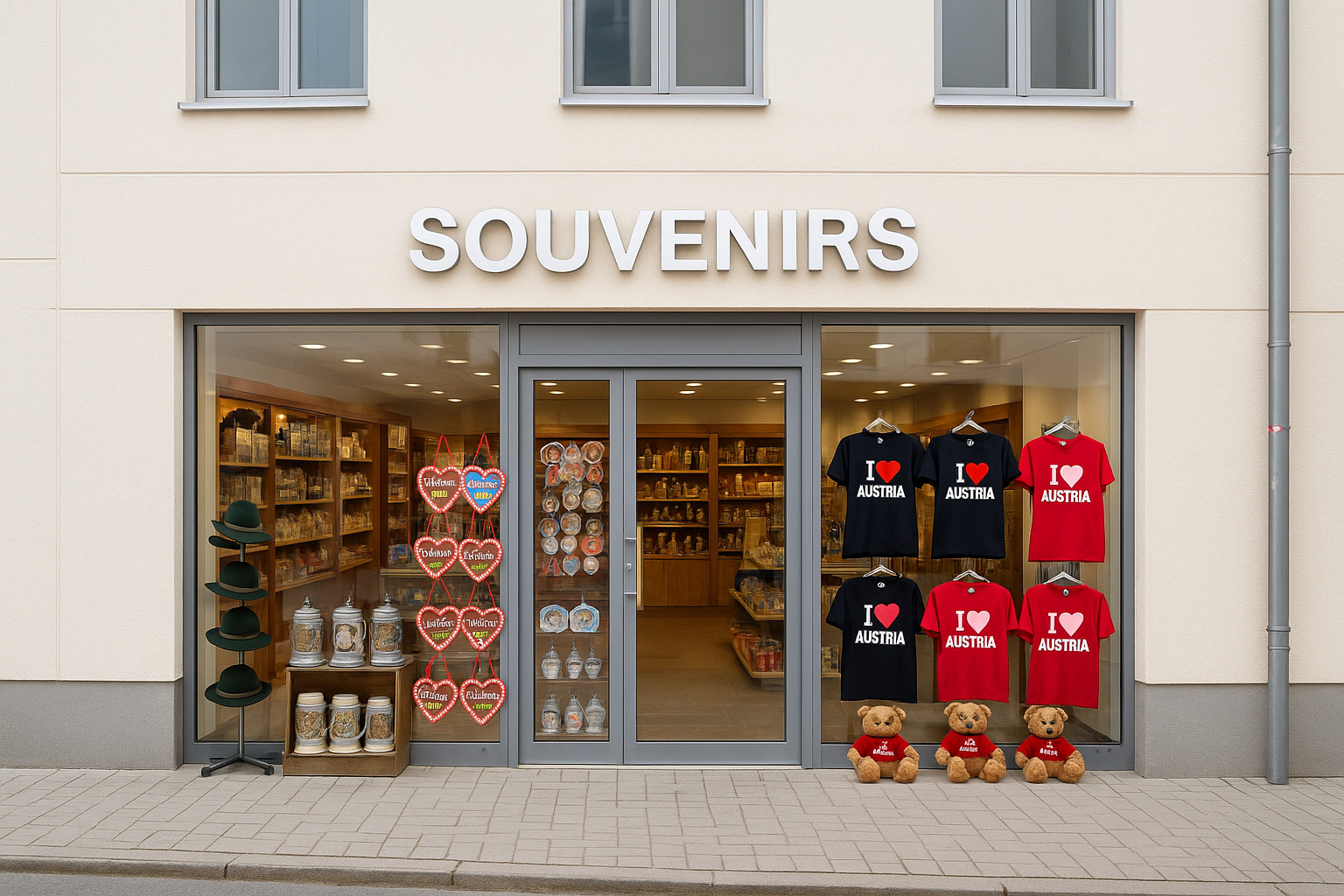 Souvenirgeschäft in einem Neubaugebäude in der Kleinstadt Amstetten, Österreich, mit typischen Andenken wie Mozartkugeln, Schneekugeln, Trachtenhüten, Bierkrügen, Teddybären sowie T-Shirts mit „I ♥ Austria“ im modernen Schaufenster.
