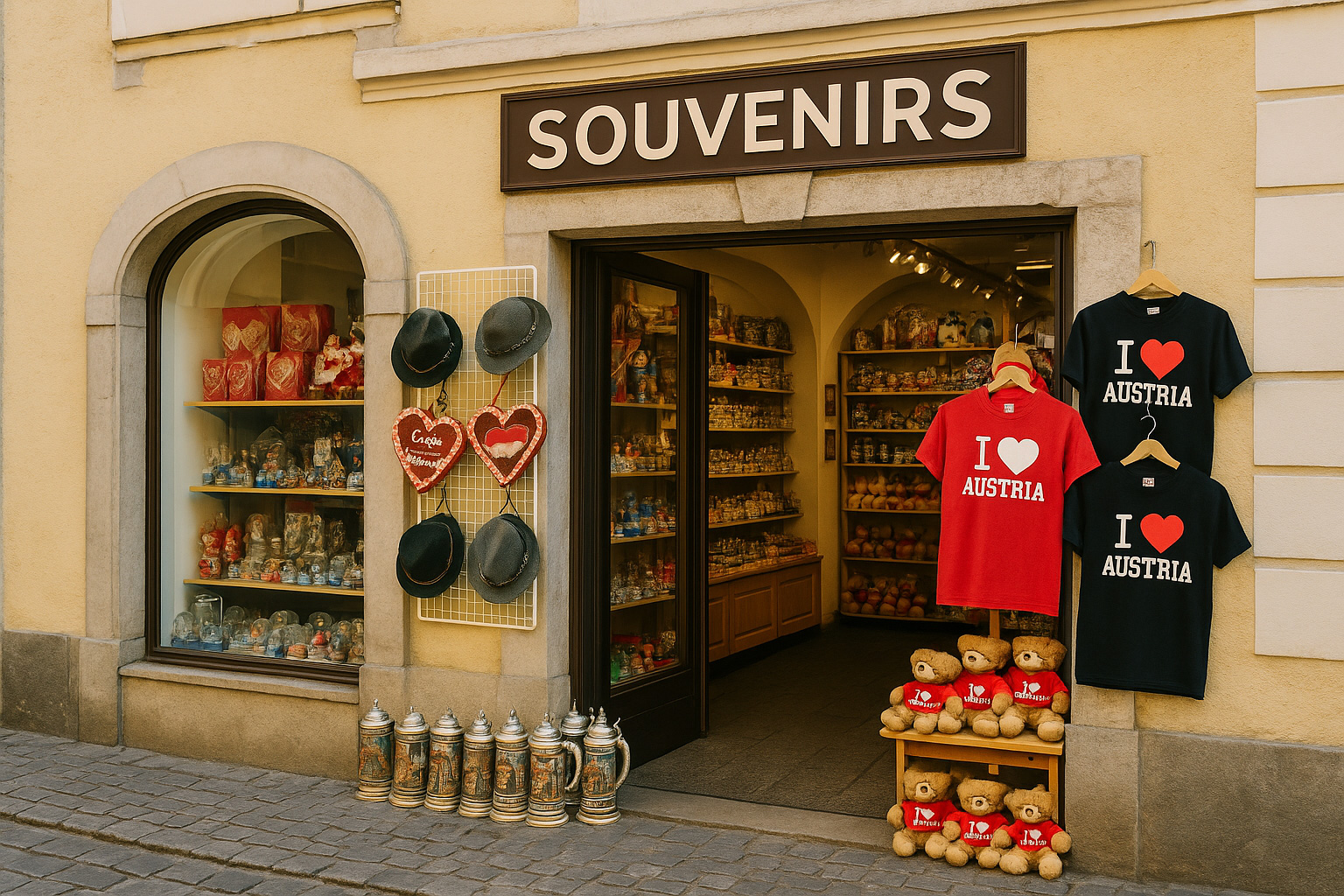 Souvenirgeschäft in der Altstadt von Linz, Österreich, mit typischen Andenken wie Mozartkugeln, Schneekugeln, Trachtenhüten, Bierkrügen, Teddybären sowie T-Shirts mit „I ♥ Austria“ vor historischem Altstadthaus.