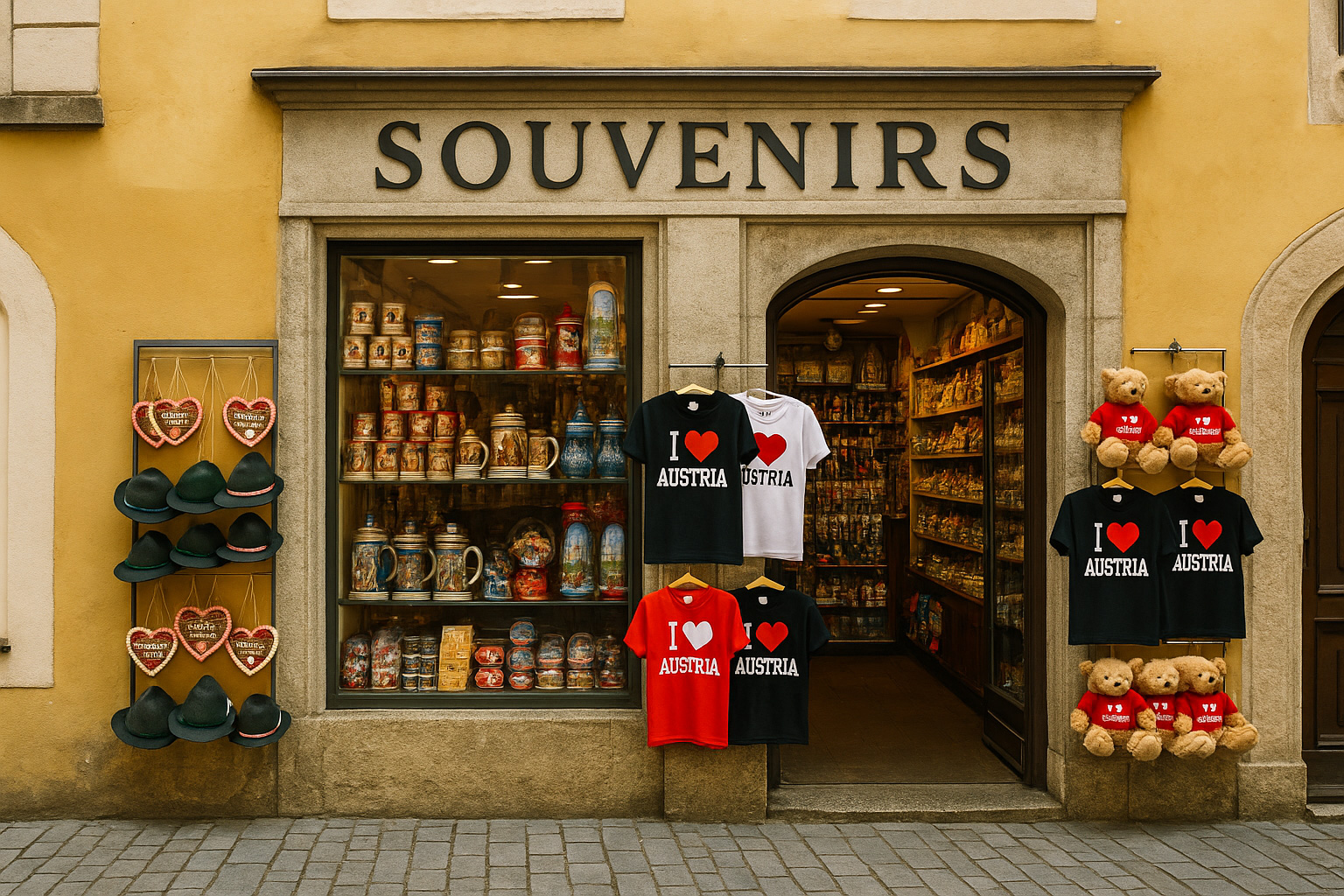Souvenirgeschäft in der Altstadt von Salzburg, Österreich, mit typischen Andenken wie Mozartkugeln, Schneekugeln, Trachtenhüten, Bierkrügen, Teddybären sowie T-Shirts mit „I ♥ Austria“ vor historischem Altstadthaus.