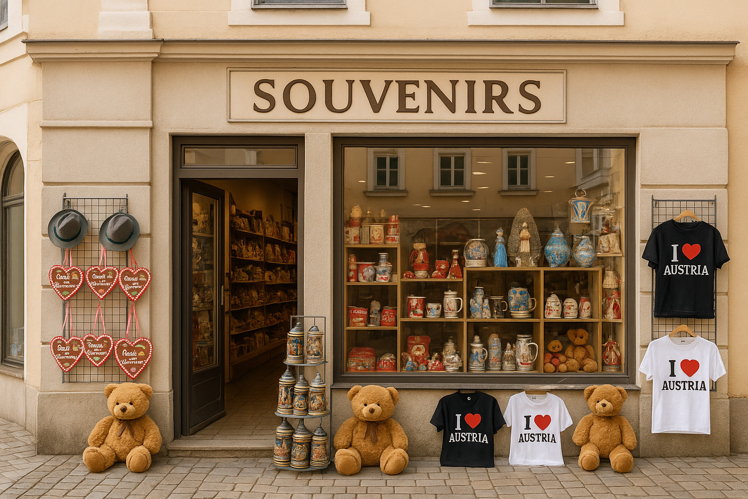 Souvenirgeschäft in der Altstadt von St. Pölten, Österreich, mit typischen Andenken wie Mozartkugeln, Schneekugeln, Trachtenhüten, Bierkrügen, Teddybären sowie T-Shirts mit „I ♥ Austria“ vor historischem Altstadthaus.