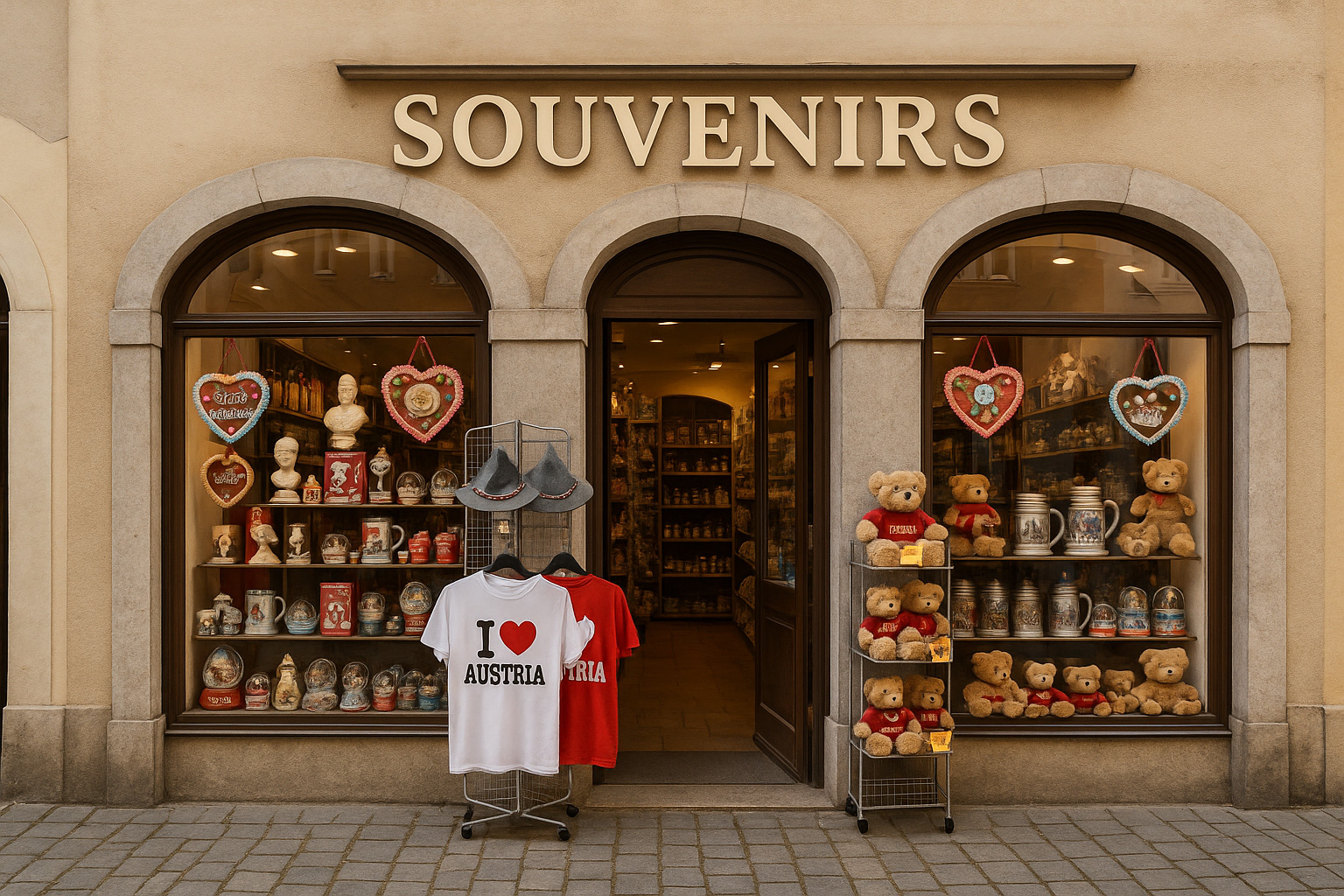 Souvenirgeschäft in der Altstadt von Vöcklabruck, Österreich, mit typischen Andenken wie Mozartkugeln, Schneekugeln, Trachtenhüten, Bierkrügen, Teddybären sowie T-Shirts mit „I ♥ Austria“ vor historischem Altstadthaus.
