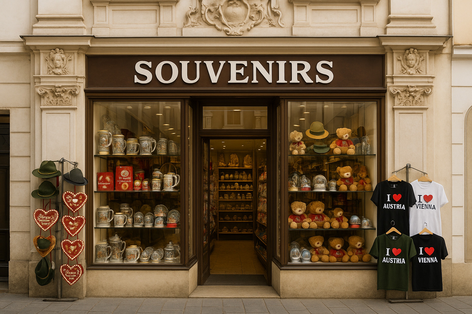 Souvenirgeschäft in der Altstadt von Wien, Österreich, in barocker Fassade, mit typischen Andenken wie Mozartkugeln, Schneekugeln, Trachtenhüten, Bierkrügen, Teddybären sowie T-Shirts mit 