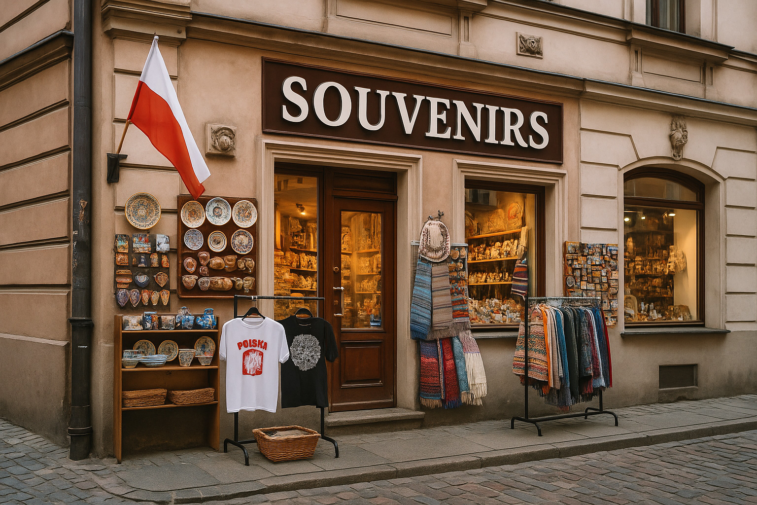 Souvenirgeschäft in der Altstadt von Łódź, Polen, mit historischer Fassade, polnischer Flagge, Keramik, T-Shirts, Textilien und traditionellen Andenken an einer Kopfsteinpflasterstraße.