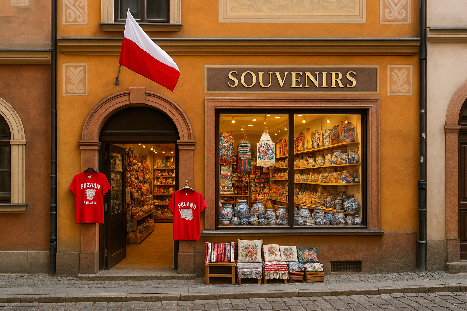 Souvenirgeschäft in der Altstadt von Posen, Polen, mit historischer Fassade, polnischer Flagge, großen Schaufenstern sowie Auslagen mit Keramik, Textilien, T-Shirts und traditionellen Andenken.