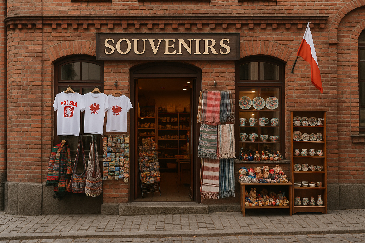Souvenirgeschäft in einer polnischen Kleinstadt mit Backsteinfassade, polnischer Flagge, traditionellen Keramiken, T-Shirts, Textilien und bunten Mitbringseln an einer Kopfsteinpflasterstraße.