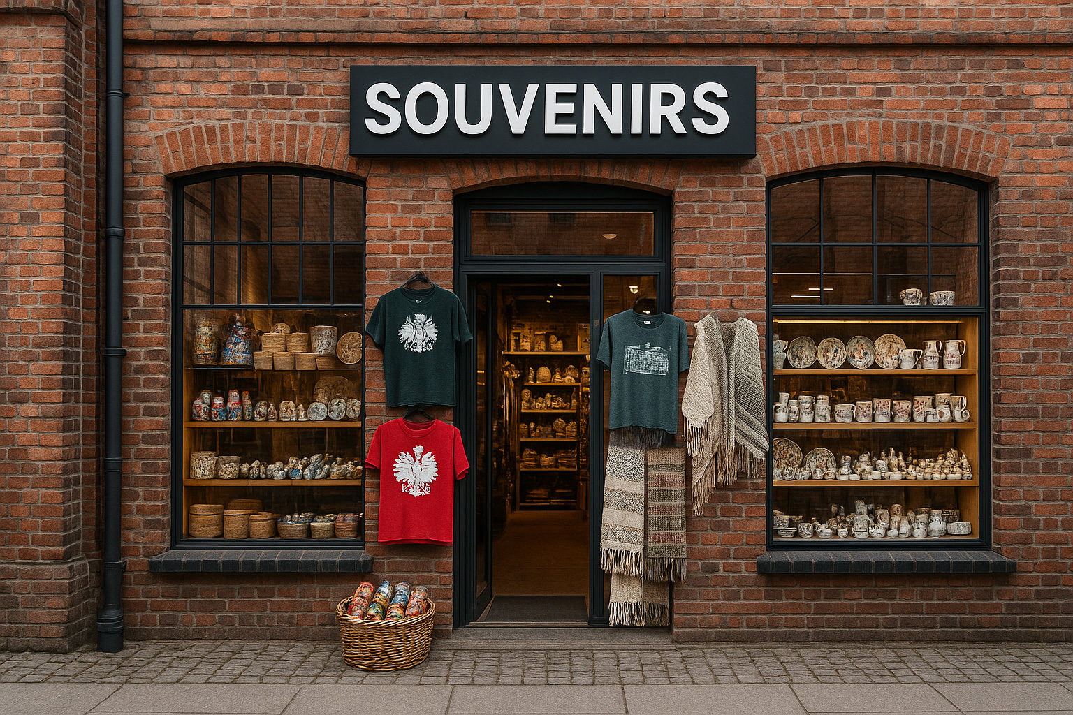 Souvenirgeschäft in Polen in einem restaurierten Backsteingebäude einer ehemaligen Fabrik mit großen Fenstern, polnischer Flagge sowie Auslagen mit Keramiken, Textilien und T-Shirts.