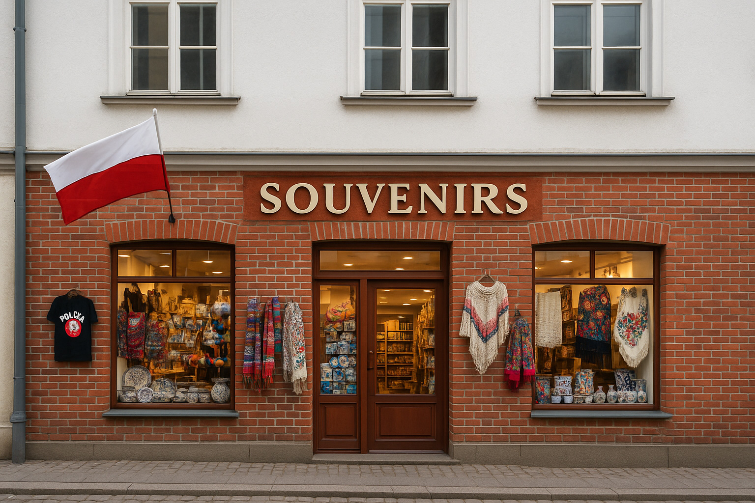 Souvenirgeschäft in einer polnischen Kleinstadt mit rotem Backstein im Erdgeschoss und weißem Putz im Obergeschoss, polnischer Flagge sowie Schaufenstern mit Textilien, Keramik und T-Shirts.