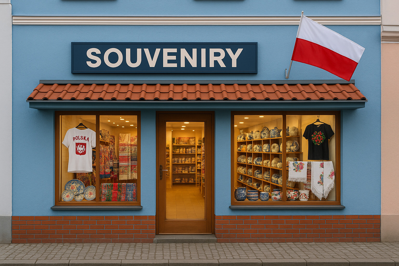 Souvenirgeschäft in einer polnischen Kleinstadt mit blauer Putzfassade, rotem Ziegeldach, polnischer Flagge sowie Schaufenstern mit Keramik, T-Shirts und Textilien.