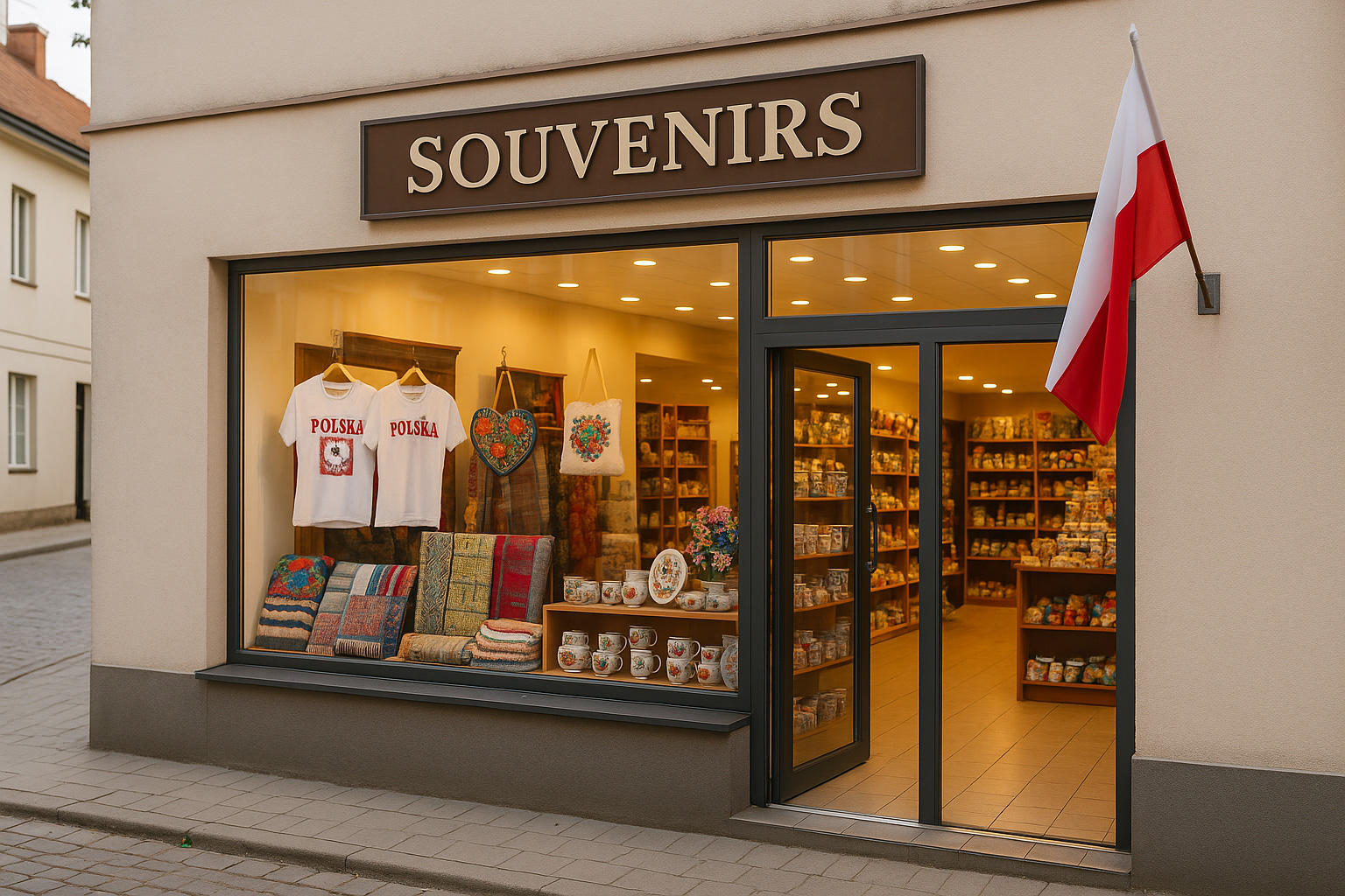 Souvenirgeschäft in einer polnischen Kleinstadt mit Backsteinfassade, polnischer Flagge, traditionellen Keramiken, T-Shirts, Textilien und bunten Mitbringseln an einer Kopfsteinpflasterstraße.