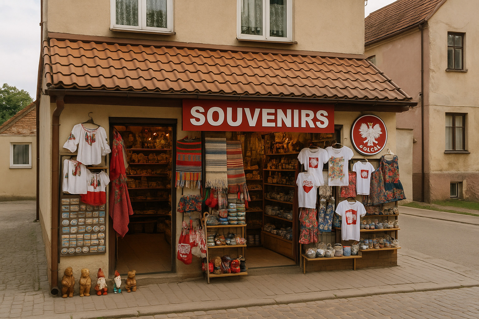 Souvenirgeschäft in einer polnischen Kleinstadt mit rotem Ziegeldach, polnischen T-Shirts, traditionellen Textilien, Keramikartikeln und typischen Mitbringseln vor dem Eingang.