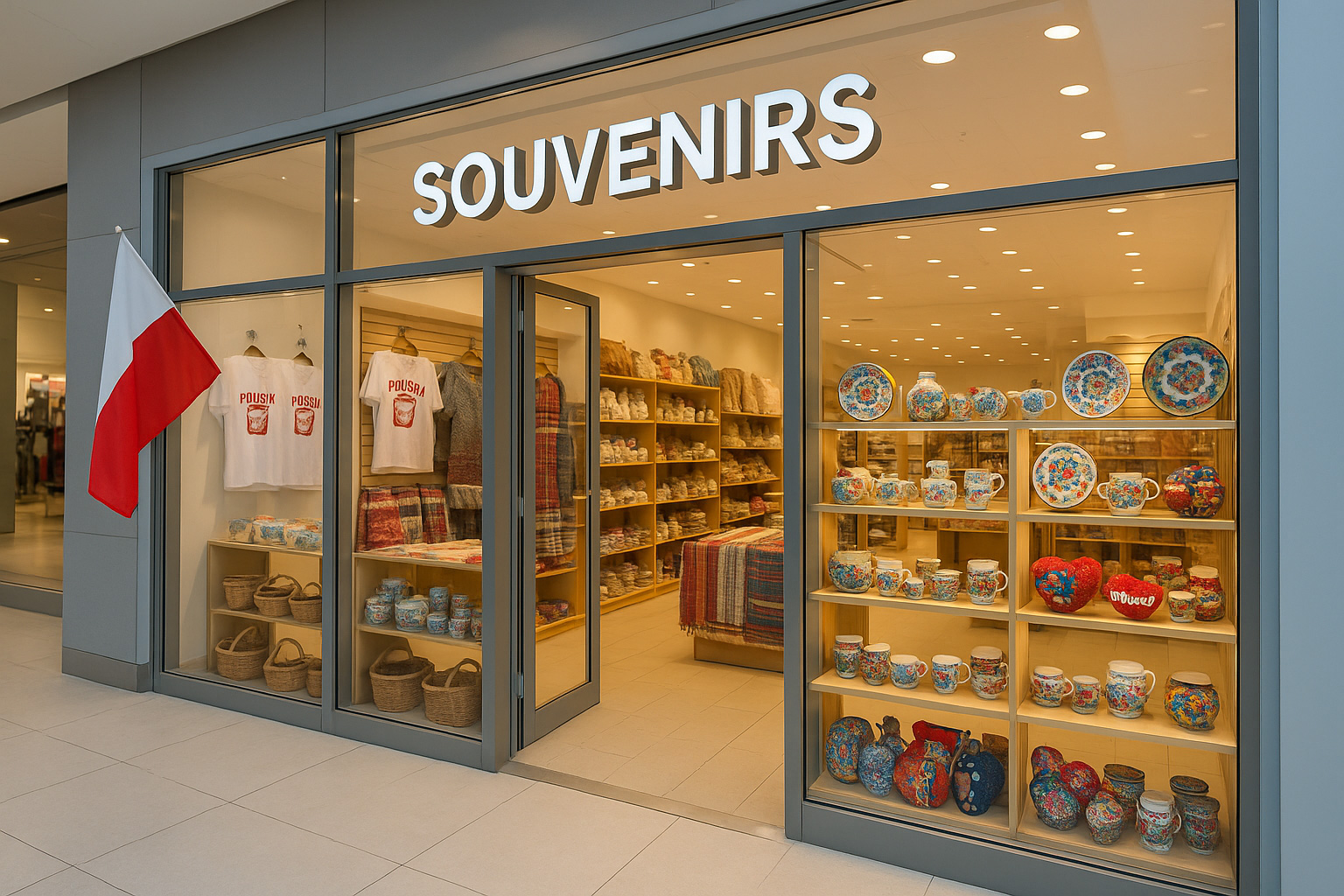 Modernes Souvenirgeschäft in einer polnischen Shopping-Mall mit Glasfront, heller Innenbeleuchtung, polnischer Flagge sowie Auslagen mit Keramiken, T-Shirts und traditionellen Textilien.