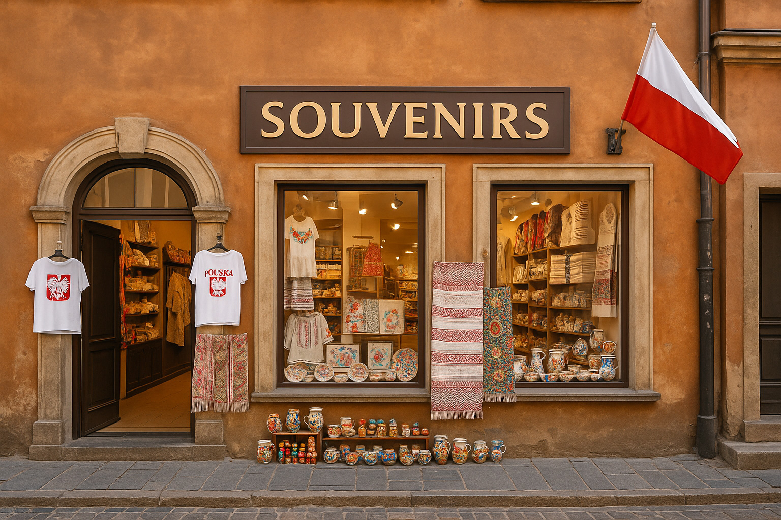 Souvenirgeschäft in der Altstadt von Warschau, Polen, mit historischer Fassade, polnischer Flagge, großen Schaufenstern sowie Auslagen mit Keramik, Textilien und traditionellen Andenken.
