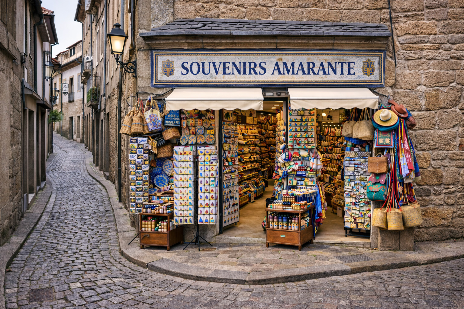 Außenansicht eines Souvenirgeschäfts in der Altstadt von Amarante als Eckhaus aus braunem Kalkstein an einer schmalen Kopfsteinpflastergasse. Über dem Eingang hängt ein großes Ladenschild, daneben sitzt eine historische Wandlaterne; vor der Tür stehen Postkartenständer und Auslagen mit typischen Portugal-Souvenirs wie Keramik, Korktaschen, Magneten und bunten Textilien, während die Gasse links am Steinhaus entlangführt.
