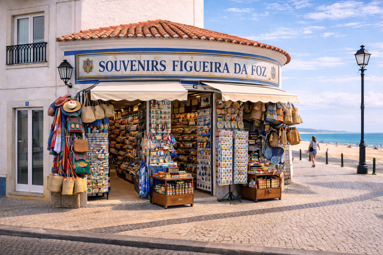 Außenansicht eines Souvenirgeschäfts in Figueira da Foz als Eckhaus an der Strandpromenade, mit abgerundetem Gebäudeeck, Terrakotta-Dach und großer Ladenbeschriftung. Vor dem Eingang stehen Postkartenständer und Auslagen mit typisch portugiesischen Souvenirs wie Korkwaren, Keramik, Taschen und bunten Textilien; die Promenade führt zur anderen Seite hinunter zum Strand und Meer im hellen Tageslicht.