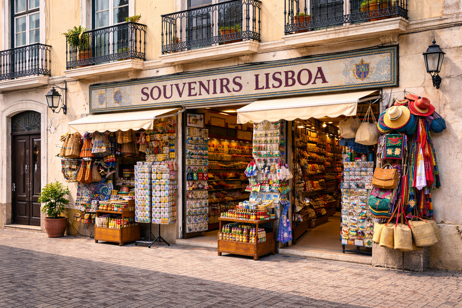 Außenansicht eines Souvenirgeschäfts in Lissabon in einem traditionellen Stadthaus mit hellgelber Fassade und schmiedeeisernen Balkonen. Über der breiten Ladenfront hängt ein großes Schild, davor stehen Ständer mit Postkarten und Magneten sowie Auslagen mit typisch portugiesischen Souvenirs wie Korktaschen, Keramik, Strohhüten und bunten Textilien; Kopfsteinpflaster und alte Laternen rahmen die Szene.