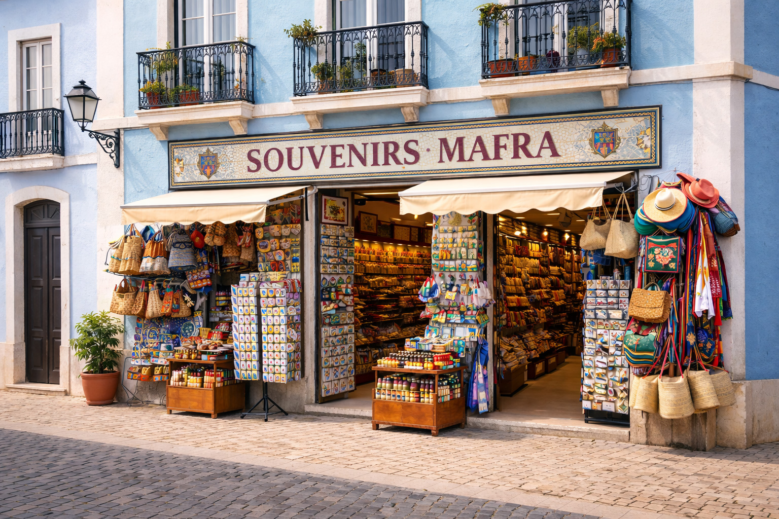 Außenansicht eines Souvenirgeschäfts in Mafra in einem traditionellen Stadthaus mit hellblauer Fassade und schmiedeeisernen Balkonen mit Pflanzkästen. Unter einer Markise sind Postkartenständer, Keramik, Korkprodukte und Taschen ausgestellt, dazu hängen Strohhüte und Textilien am Eingang; Kopfsteinpflaster und eine alte Wandlaterne runden die Straßenszene ab.