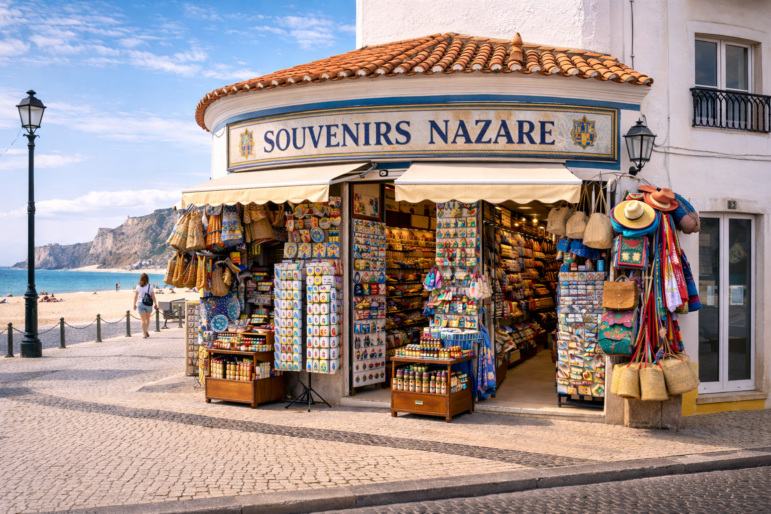 Außenansicht eines Souvenirgeschäfts in Nazaré als Eckhaus an der Strandpromenade, mit abgerundetem Gebäudeeck, Markisen und großer Ladenbeschriftung. Vor dem Eingang stehen Postkartenständer und Auslagen mit typischen Portugal-Souvenirs wie Korktaschen, Keramik, Hüten und bunten Textilien; im Hintergrund sind Promenade, Strand und Meer im hellen Tageslicht zu sehen.